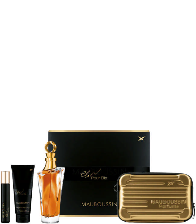 Mauboussin Elixir Pour Elle Set: EDP 100 ml. + Body Lotion 75 ml. + Travel Spray EDP 20 ml. + Shiny Gold Mauboussin Pouch